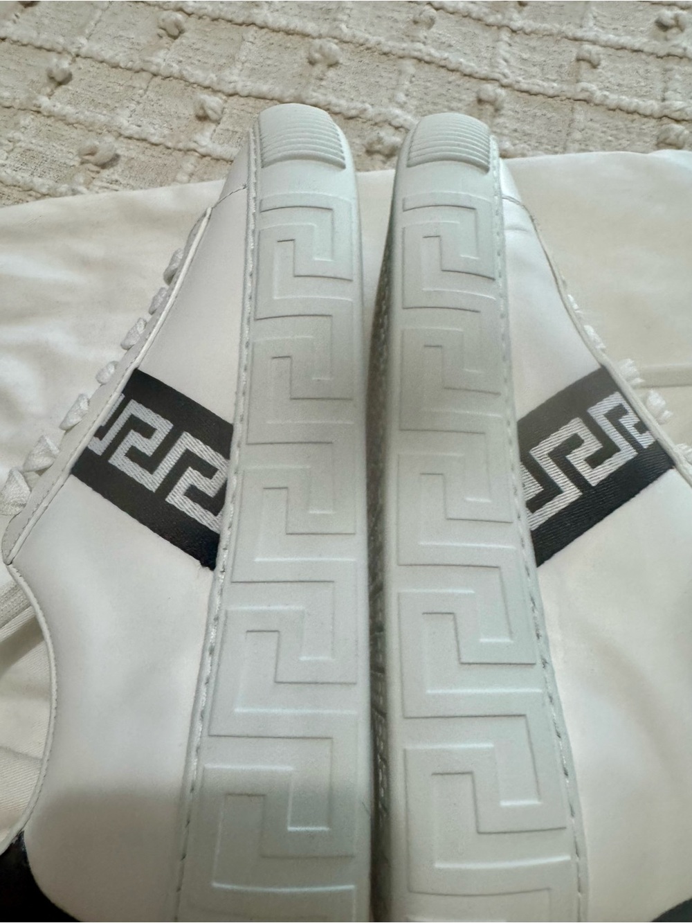 Versace White Low-Top Sneakers with Black Greca Stripe